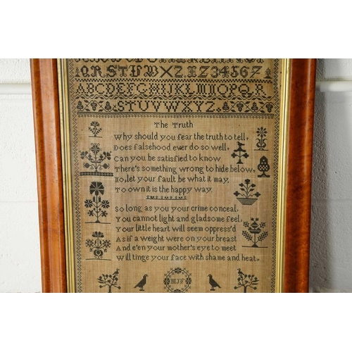 358 - A Victorian woolwork alphabetical sampler with moral verse and stylized shrubs birds geometric borde... 