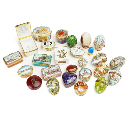 361 - A collection of Halcyon Days hard enamelled patch boxes and eggs to include Her Majesty Queen Elizab... 