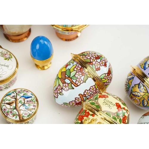 361 - A collection of Halcyon Days hard enamelled patch boxes and eggs to include Her Majesty Queen Elizab... 