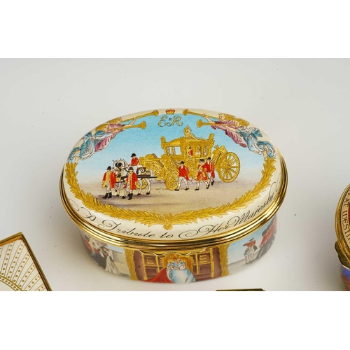 361 - A collection of Halcyon Days hard enamelled patch boxes and eggs to include Her Majesty Queen Elizab... 