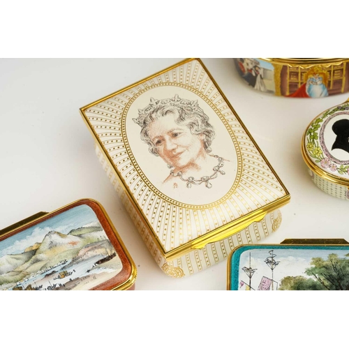 361 - A collection of Halcyon Days hard enamelled patch boxes and eggs to include Her Majesty Queen Elizab... 