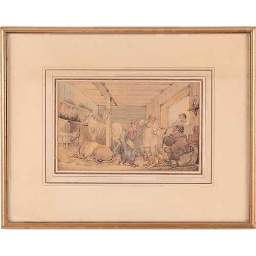 4 - Manner of Thomas Rowlandson (1756-1827), rustic characters in a stable interior with dogs and horses... 