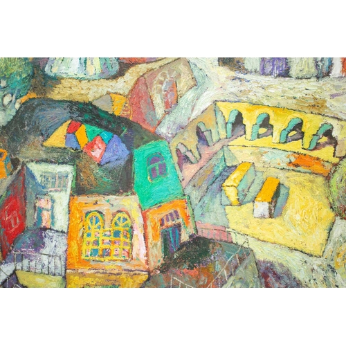 42 - Anar Huseynzade (b.1981) Azerbaijan, 'Baki Nagili', abstract townscape, oil on canvas, signed and da... 