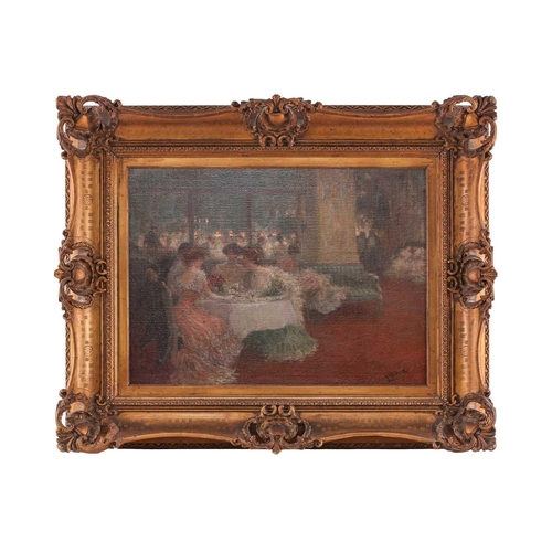 44 - 19th century French school, finely dressed figures around a salon table, indistinctly signed, oil on... 