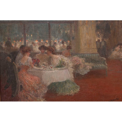 44 - 19th century French school, finely dressed figures around a salon table, indistinctly signed, oil on... 