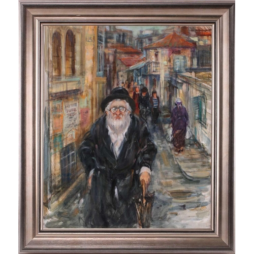 46 - Moshe Chauski (contemporary), portrait of a Jewish man in a busy street, oil on canvas (laid on boar... 