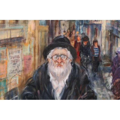 46 - Moshe Chauski (contemporary), portrait of a Jewish man in a busy street, oil on canvas (laid on boar... 