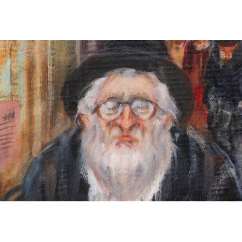 46 - Moshe Chauski (contemporary), portrait of a Jewish man in a busy street, oil on canvas (laid on boar... 