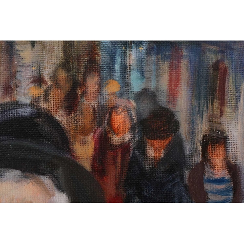 46 - Moshe Chauski (contemporary), portrait of a Jewish man in a busy street, oil on canvas (laid on boar... 