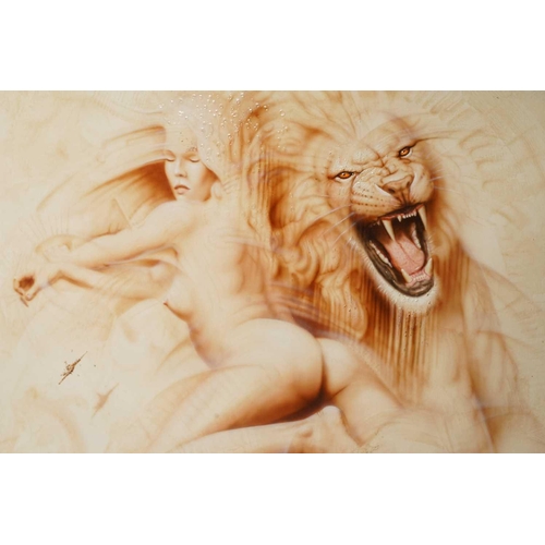 47 - † Daniel Monic (b.1948) Belgian, erotic painting of a lion and a woman, acrylic on canvas, signed to... 