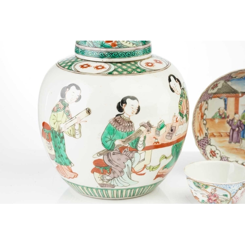 84 - A Chinese famille verte ginger jar and cover, Qing. late 19th century, painted four ladies, one of w... 