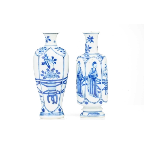 88 - A pair of Chinese blue & white barrel shape vases, with round panels depicting boys at play, against... 