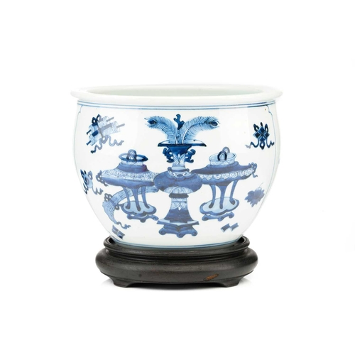 93 - A Chinese blue & white jardiniere, painted with a panel of birds and blossoming tree peony and verso... 