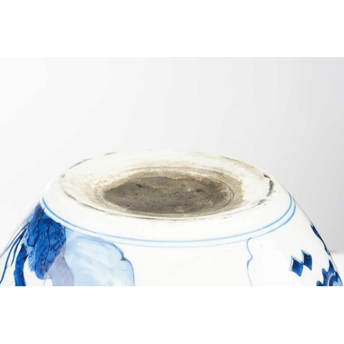 93 - A Chinese blue & white jardiniere, painted with a panel of birds and blossoming tree peony and verso... 