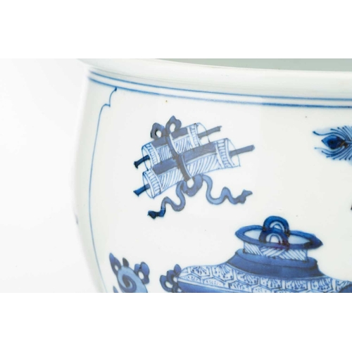 93 - A Chinese blue & white jardiniere, painted with a panel of birds and blossoming tree peony and verso... 