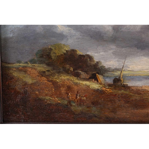 10 - Follower of John Constable, landscape, 19th century oil on panel, 11.5 cm x 22 cm in a walnut frame.