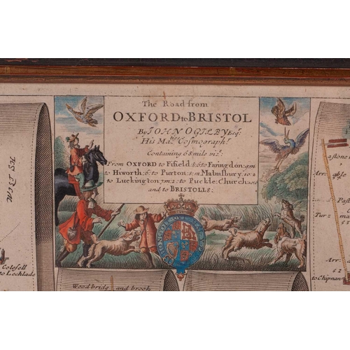 108 - After John Ogilby, Road strip map from Oxford to Bristol, later hand-painted engraving with hunting ... 