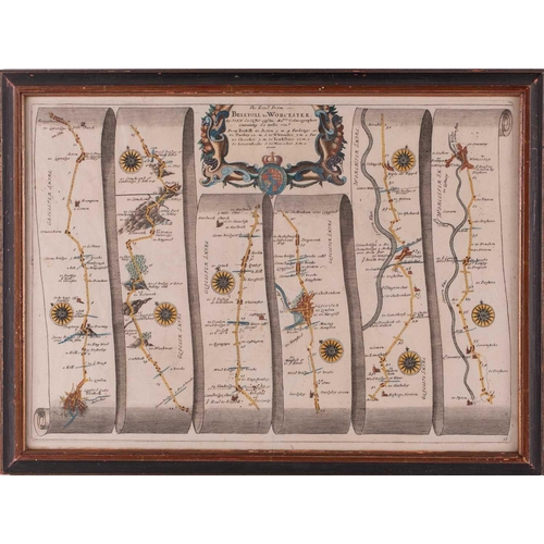 108 - After John Ogilby, Road strip map from Oxford to Bristol, later hand-painted engraving with hunting ... 