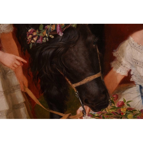 11 - 19th century British School, two girls and a black pony with a garland of flowers, unsigned, oil on ... 