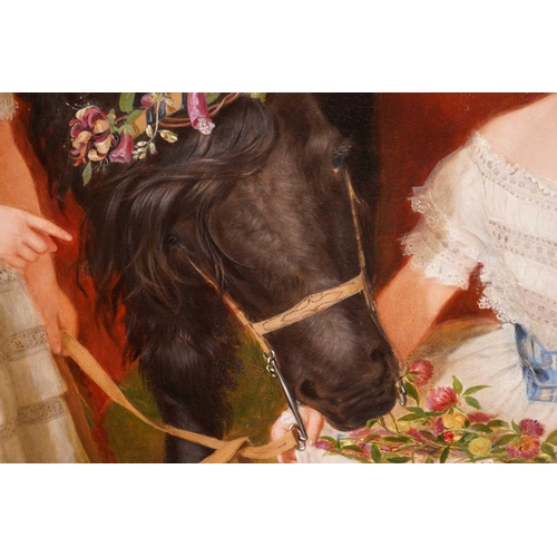 11 - 19th century British School, two girls and a black pony with a garland of flowers, unsigned, oil on ... 