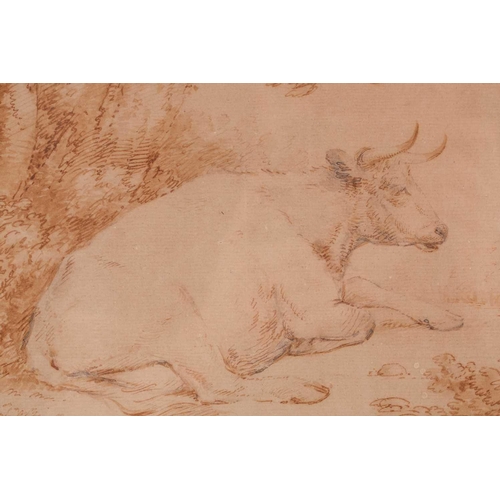 113 - George Morland (1763-1804), 'A Cow Recumbent', watercolour on paper, initialled to lower left corner... 