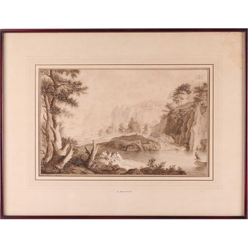 116 - A Balfour (18th / 19th century), 'Classical Landscape with Women Bathing', watercolour highlighted i... 