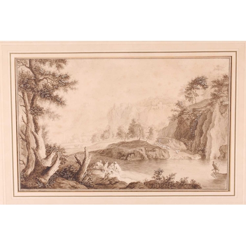 116 - A Balfour (18th / 19th century), 'Classical Landscape with Women Bathing', watercolour highlighted i... 