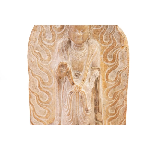 128 - A Chinese carved marble standing Shakyamuni Buddha, Qing, the right hand in vitarka mudra, wearing l... 