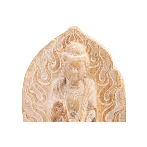 128 - A Chinese carved marble standing Shakyamuni Buddha, Qing, the right hand in vitarka mudra, wearing l... 