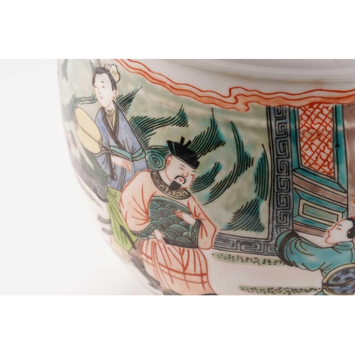 135 - A Chinese porcelain famille verte jardiniere, painted with court figures in a garden setting, apocry... 