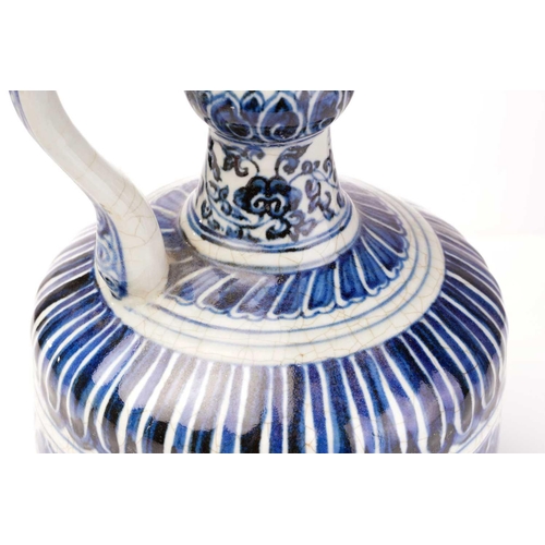 138 - A Chinese porcelain blue and white ewer, of Persian influence, painted with bands of lotus flowers a... 