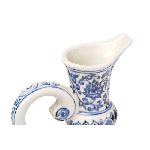 138 - A Chinese porcelain blue and white ewer, of Persian influence, painted with bands of lotus flowers a... 