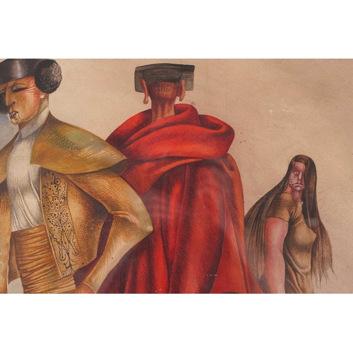 14 - 20th Century Spanish School, Two matadors and another figure, Surrealist style, unsigned, watercolou... 