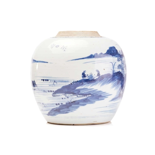 140 - A Chinese porcelain blue and white ginger jar, Qing, late 19th century, painted with a continuous la... 