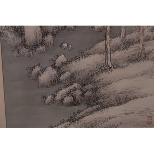 141 - A Japanese mountainous snow scene, 20th century, watercolour on silk, signed and with chop marks, im... 