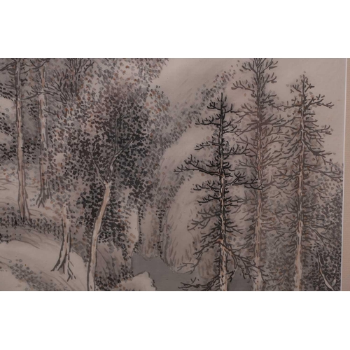 141 - A Japanese mountainous snow scene, 20th century, watercolour on silk, signed and with chop marks, im... 