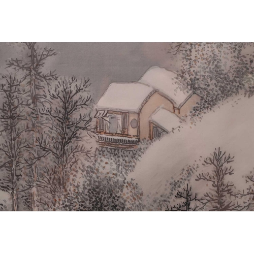 141 - A Japanese mountainous snow scene, 20th century, watercolour on silk, signed and with chop marks, im... 