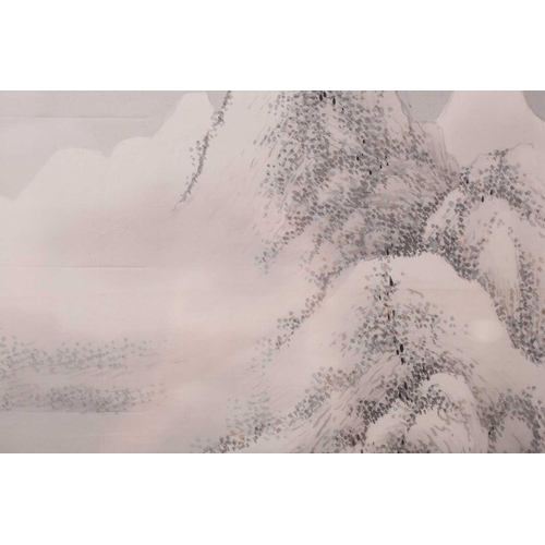 141 - A Japanese mountainous snow scene, 20th century, watercolour on silk, signed and with chop marks, im... 