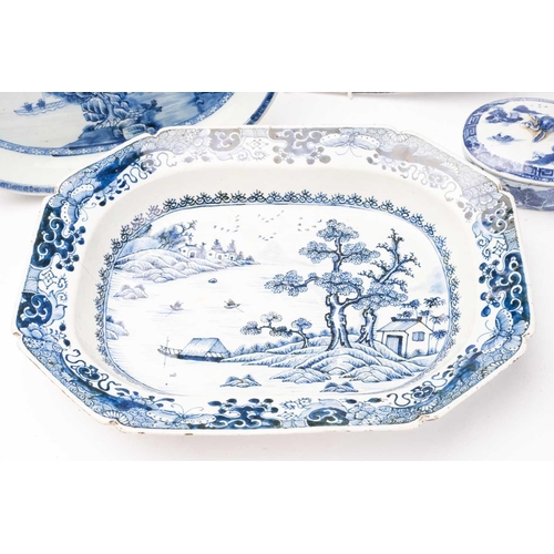 144 - A group of Chinese blue & white export porcelain, all with landscape decoration, comprising two oval... 