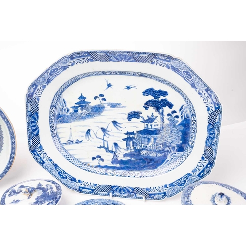 144 - A group of Chinese blue & white export porcelain, all with landscape decoration, comprising two oval... 