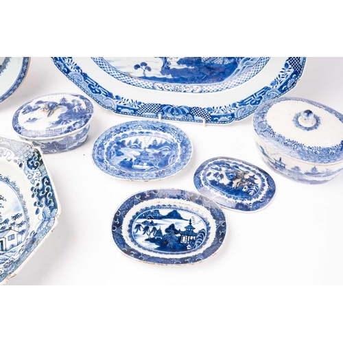 144 - A group of Chinese blue & white export porcelain, all with landscape decoration, comprising two oval... 