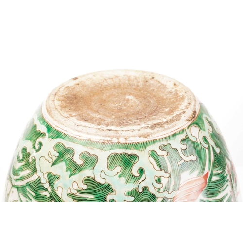 147 - A Chinese porcelain Famille verte ginger jar & cover, painted with a dragon amongst fiery clouds abo... 