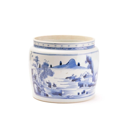 149 - A Chinese porcelain blue & white container, painted with a landscape panel and a panel of treasures,... 