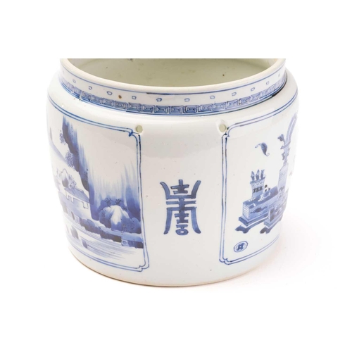 149 - A Chinese porcelain blue & white container, painted with a landscape panel and a panel of treasures,... 