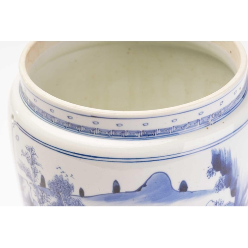 149 - A Chinese porcelain blue & white container, painted with a landscape panel and a panel of treasures,... 