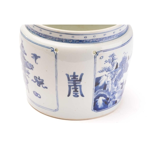 149 - A Chinese porcelain blue & white container, painted with a landscape panel and a panel of treasures,... 