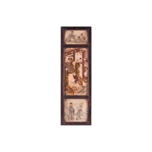 150 - A Chinese soapstone triptych, late Qing, the centre panel painted with a court scene between panels ... 