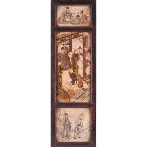 150 - A Chinese soapstone triptych, late Qing, the centre panel painted with a court scene between panels ... 