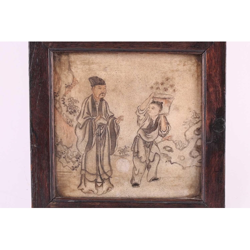 150 - A Chinese soapstone triptych, late Qing, the centre panel painted with a court scene between panels ... 