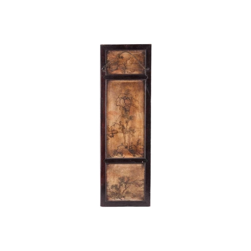 150 - A Chinese soapstone triptych, late Qing, the centre panel painted with a court scene between panels ... 